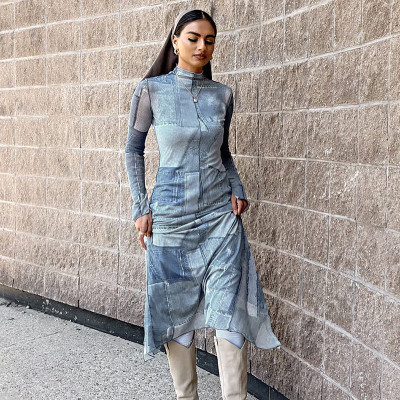Fashion print slim contrast screen long dress