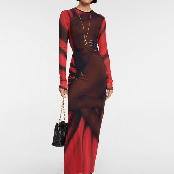 Color-blocking slim long-sleeved buttock-fitting long dress