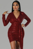 Hip wrap skirt with long sleeve decorative sexy deep V sequin dress