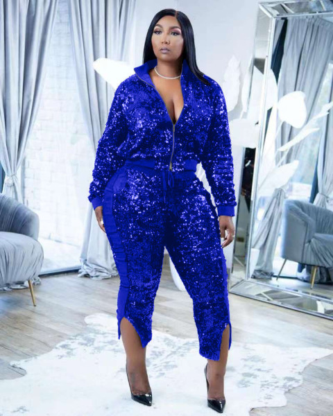 Women's gold velvet sequin stitching casual fashion double zipper two-piece trousers