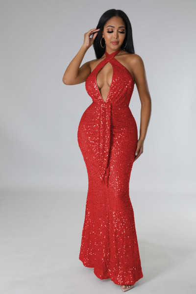 Fishtail skirt hanging neck hollow ribbon sequin sexy nightclub dress dress
