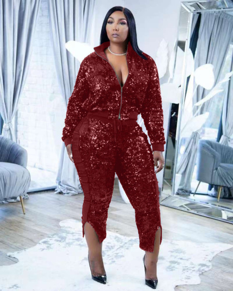 Women's gold velvet sequin stitching casual fashion double zipper two-piece trousers