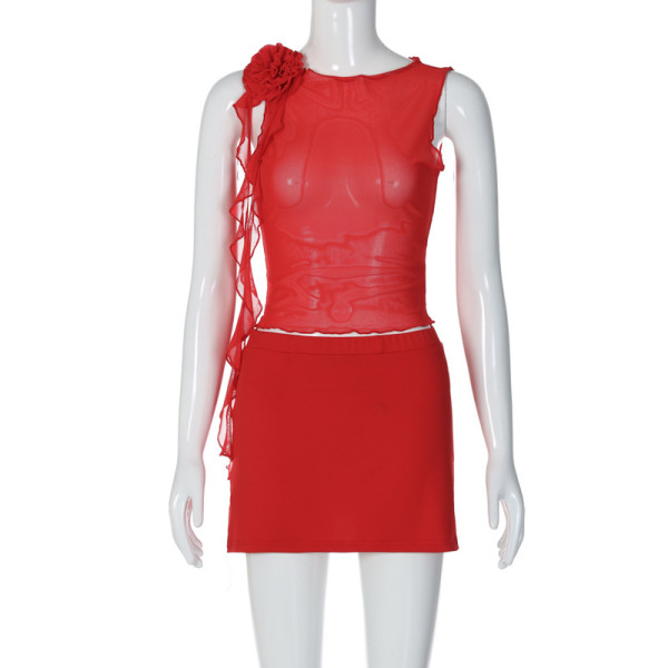 Women's fashion stitching embroidered sexy mesh top slimming buttock skirt suit