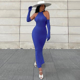 Women's temperament Solid color neck hanging slim medium length sleeve split dress