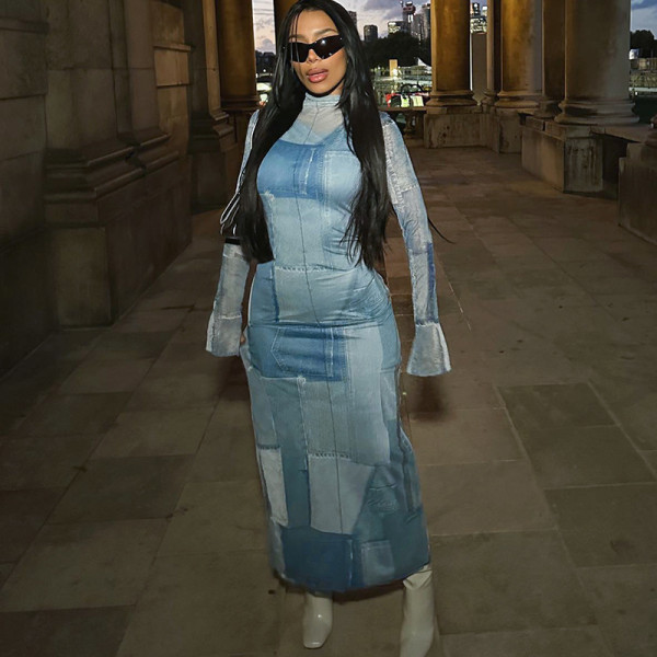 Fashion print slim contrast screen long dress