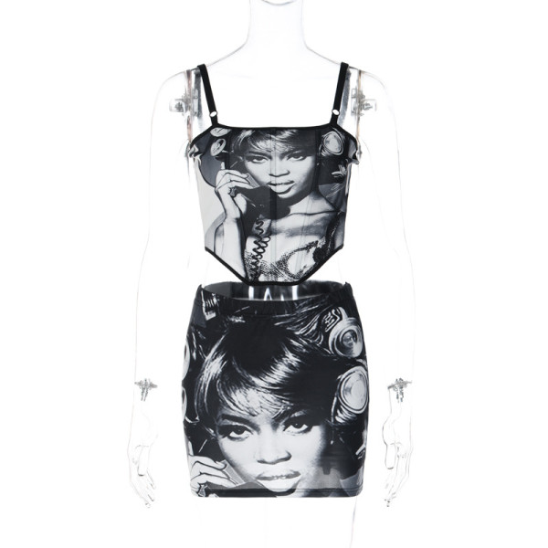 Women's fashion figure print suspender wrap chest sexy wrap hip skirt suit