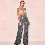 Women's ironing silver wide leg trousers high waist straight tube women's casual pants