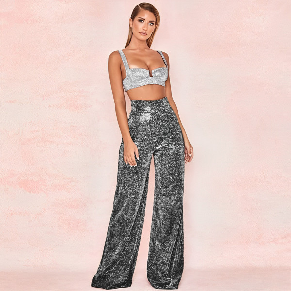 Women's ironing silver wide leg trousers high waist straight tube women's casual pants