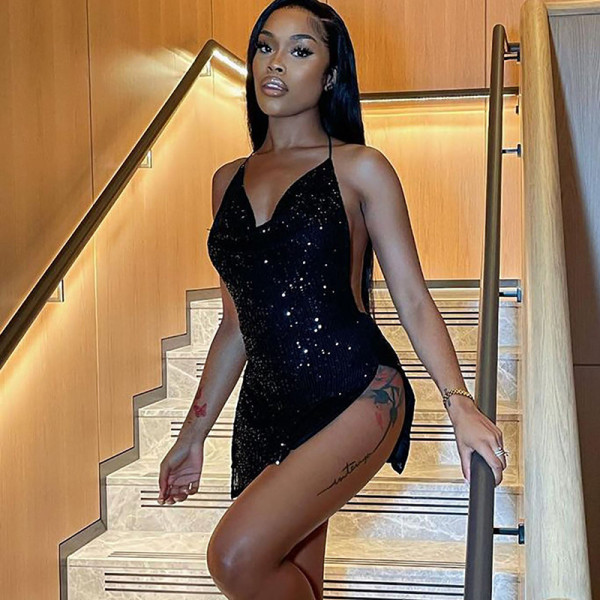 Sexy backless hollowed-out neckline short women's dress