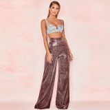 Women's ironing silver wide leg trousers high waist straight tube women's casual pants