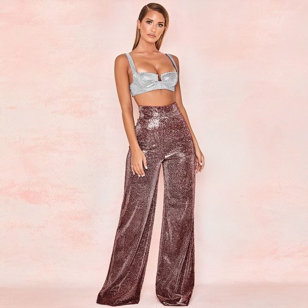 Women's ironing silver wide leg trousers high waist straight tube women's casual pants