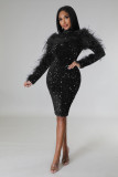Fashion buttock cut-out long-sleeved feather nightclub sequin slimming fashion celebrity dress
