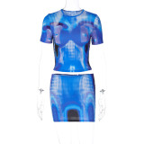 Women's fashion sexy print personality street style short T slim skirt suit
