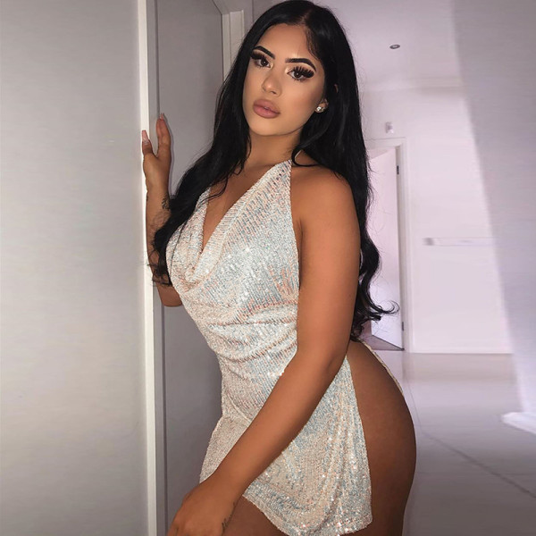 Sexy backless hollowed-out neckline short women's dress