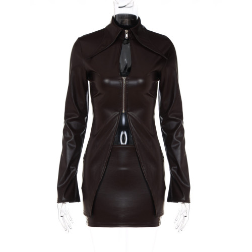 Temperament Women's Slim Fit Long Sleeve Zipper Hollow Top Short Wrap Hip Skirt