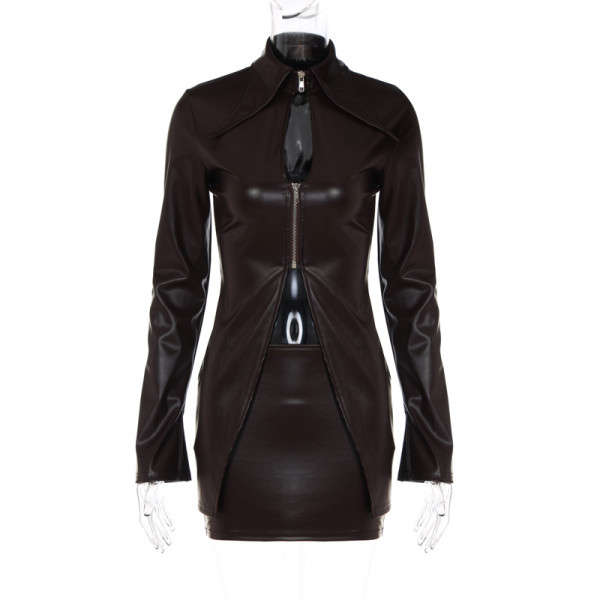Temperament Women's Slim Fit Long Sleeve Zipper Hollow Top Short Wrap Hip Skirt