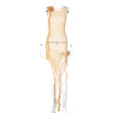 Women's see-through mesh sexy backless lace-up patchwork ear hem dress