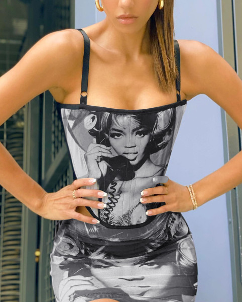 Women's fashion figure print suspender wrap chest sexy wrap hip skirt suit