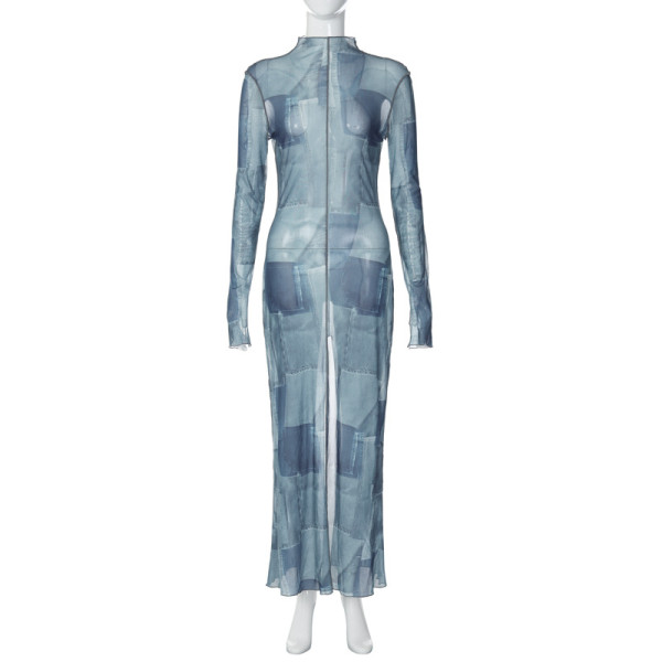Fashion print slim contrast screen long dress