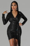 Hip wrap skirt with long sleeve decorative sexy deep V sequin dress