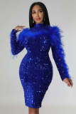 Fashion buttock cut-out long-sleeved feather nightclub sequin slimming fashion celebrity dress