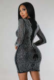 Fashion hip wrap skirt hollow-out long-sleeved nightclub hot diamond sexy celebrity party dress