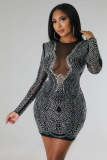 Fashion hip wrap skirt hollow-out long-sleeved nightclub hot diamond sexy celebrity party dress