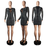 Fashion hip wrap skirt hollow-out long-sleeved nightclub hot diamond sexy celebrity party dress
