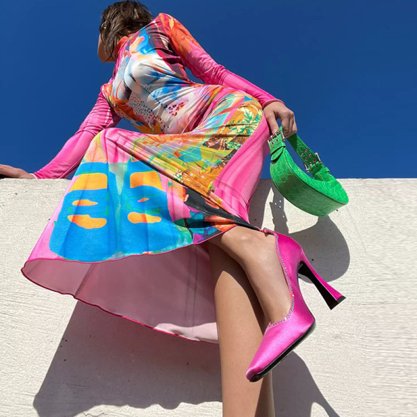 Fashion print high-elastic long-sleeved stand-up collar skirt, versatile dress for going out