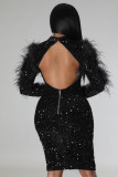 Fashion buttock cut-out long-sleeved feather nightclub sequin slimming fashion celebrity dress