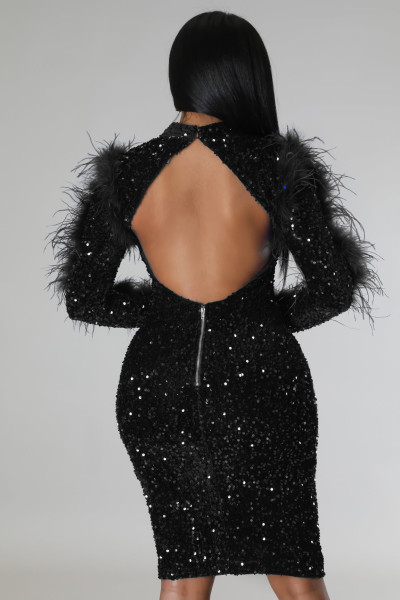 Fashion buttock cut-out long-sleeved feather nightclub sequin slimming fashion celebrity dress