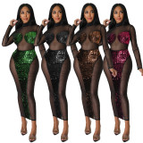 Fashion one-step dress nightclub sequin sexy perspective fashion banquet evening dress dress