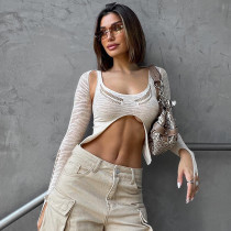 Sexy hot girls must have a two-piece set of deep-fried street navel wrapped chest with long sleeves and small waistcoat