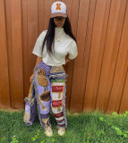 Women's fashionable loose color pattern fringed trousers