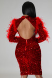 Fashion buttock cut-out long-sleeved feather nightclub sequin slimming fashion celebrity dress