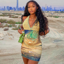 Sexy printed patchwork woolen deep V neck and buttock dress Sexy printed patchwork woolen deep V neck and buttock dress