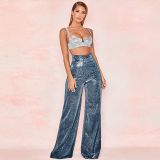 Women's ironing silver wide leg trousers high waist straight tube women's casual pants