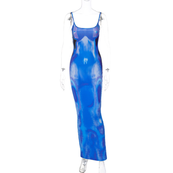 Women's sexy suspender print with long slim dress