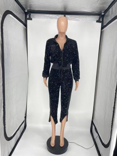 Women's gold velvet sequin stitching casual fashion double zipper two-piece trousers