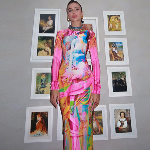 Fashion print high-elastic long-sleeved stand-up collar skirt, versatile dress for going out
