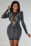 Fashion hip wrap skirt hollow-out long-sleeved nightclub hot diamond sexy celebrity party dress