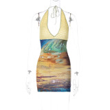 Sexy printed patchwork woolen deep V neck and buttock dress