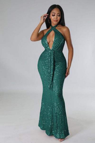 Fishtail skirt hanging neck hollow ribbon sequin sexy nightclub dress dress