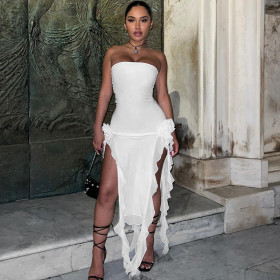 Women's sexy style chest wrap panel lace open leg split middle dress