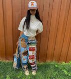 Women's fashionable loose color pattern fringed trousers