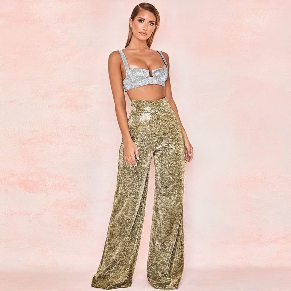 Women's ironing silver wide leg trousers high waist straight tube women's casual pants