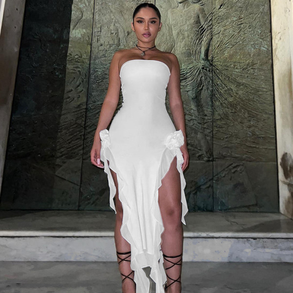 Women's sexy style chest wrap panel lace open leg split middle dress