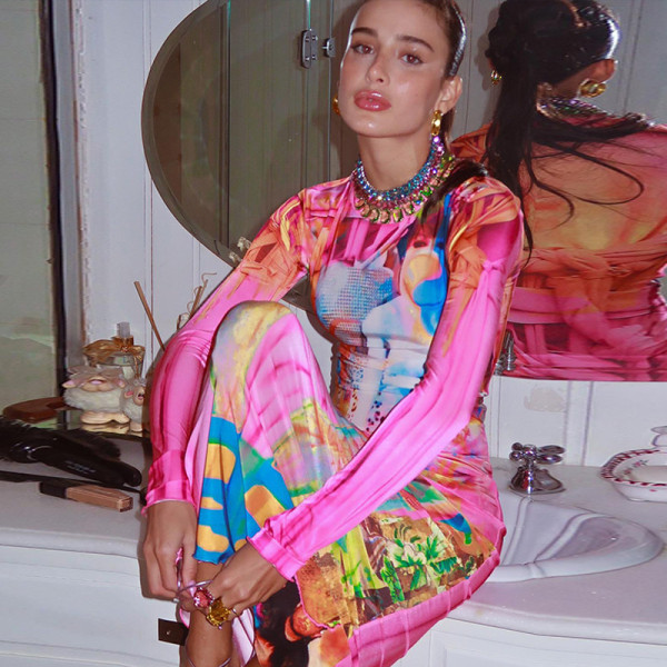 Fashion print high-elastic long-sleeved stand-up collar skirt, versatile dress for going out