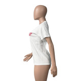 Cotton letter-printed round neck short-sleeved T-shirt
