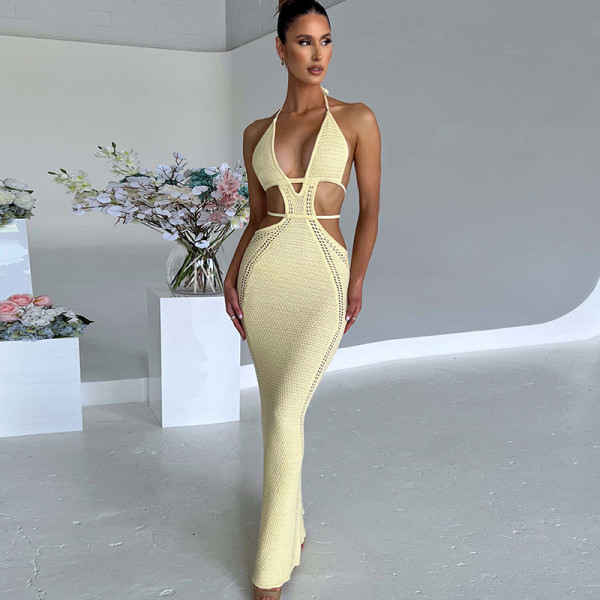 Sexy street style, pure desire, hanging neck, wrapping chest, hollow-out patchwork lace-up dress
